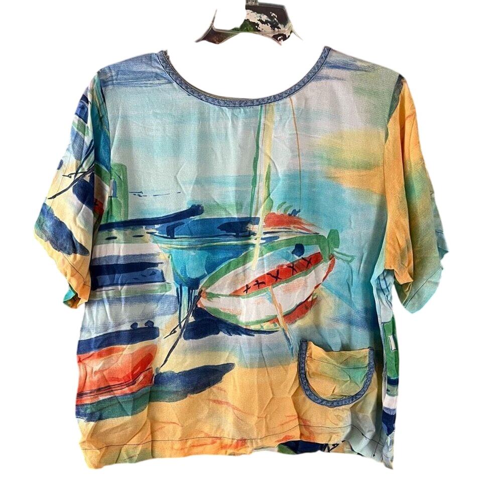 NINO WONG  Watercolor Sailboat Art-to-Wear Vintage Rayon Blouse T-Shirt Top Coas